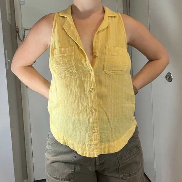 pastel yellow linen button down anthropologie blouse - Picture 2 of 8